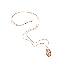 Natural Crystal White Quartz Rough Stone Reiki Healing Necklace, Brown Rope