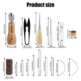 23pcs Sewing Awl Kit, Leather Stitching Awl Tool Sewing Repair Awl Thread Kit with Straight Needles & Curved Needles & Wax Thread Handheld, Small Screwdriver Yarn Scissors Needle Threader