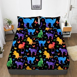 Gusuhome Cats and Butterflies Sheet Set Queen Size for Boys Girls Colorful Watercolor Bedding Set Cute Cartoon Pet Cat Bed Set for Kids Teens (1 Fitted Sheet + 2 Pillow Cases)