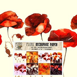 Decoupage Paper Pack (24 Sheets 6"x6") Watercolor Poppy # Vintage Styled Seamless Pattern Paper for Decoupage, Craft and Scrapbooking