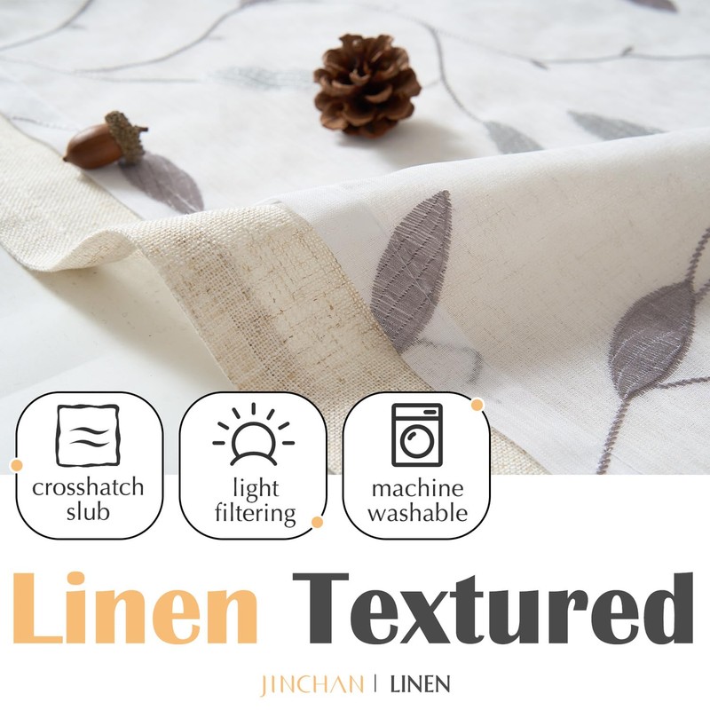 jinchan White Sheer Valance for Window Gray Leaf Embroidered Valance