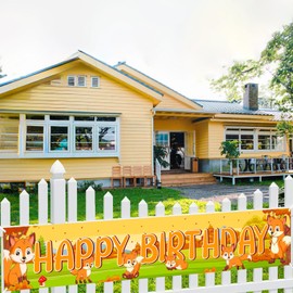 SHADOAMP Fox Birthday Decorations, Fox Happy Birthday Yard Banner Sign Woodland Animal Themed Party Hanging Background Banner for Fox Theme Party Decorations