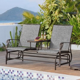 Yaheetech 2-Seat Outdoor Glider with Center Table, Patio Rocking Loveseat with Breathable Mesh Sturdy Metal Frame for Garden Pool Lawn, Gray