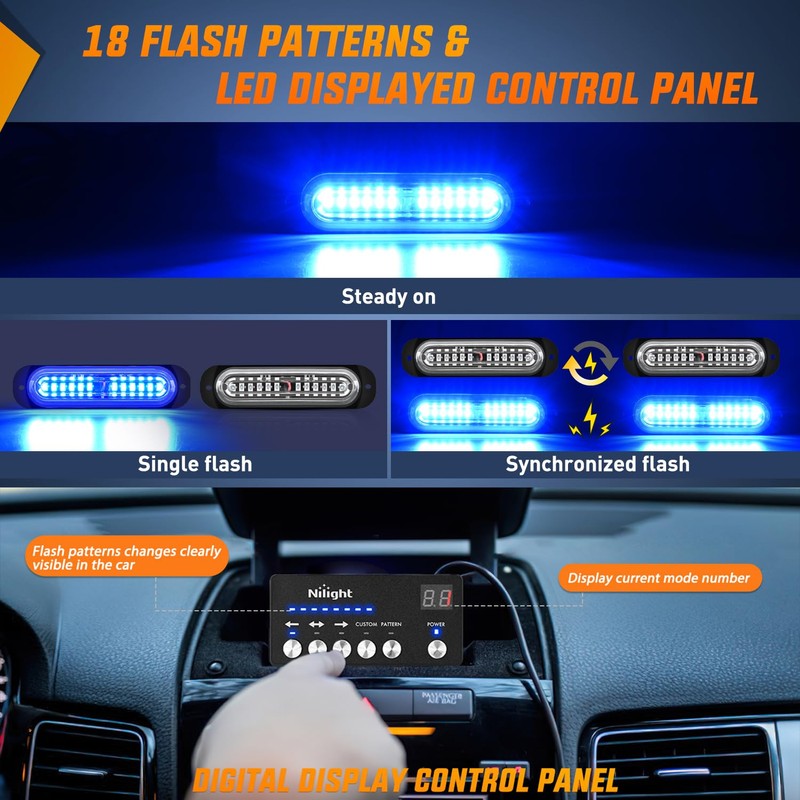 Nilight 8PCS Led Strobe Lights with Controller 12V 24V Sync