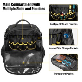 Rexmica Tool Bag Backpack for Men with 3 Tool Pouches, Heavy-Duty Tool Storage Organizer Bag with Padded Shoulder & Waist Support, Tactical Work Tool Bag for Electrician, Repairman, HVAC Techs, Black