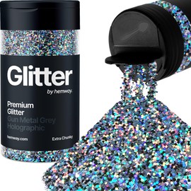 Hemway Gun Metal Grey Holographic Glitter Extra Chunky 115 g / 4.1 oz Powder Metallic Resin Craft Glitter Flake Sequins for Epoxy Tumblers, Hair Face Body Eye Nail Art Festival, DIY Party Decoration