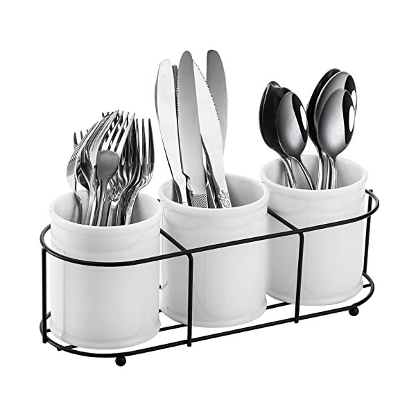 Bekith 3-Piece Ceramic Silverware Caddy with Metal Rack, Utensil Holder