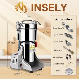 INSELY 750g Grain Mill, flour mill grinder for home, Electric Stainless Steel Grain Grinder for Wheat, Spices, coffee,Corn and Other Dry Food Grinders for Kitchen