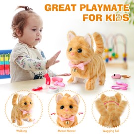 WorWoder - Gatos electrónicos interactivos de felpa que se mueven y maullan caminando meneando realista gatito de peluche para niñas y niños con 15 piezas (color amarillo)