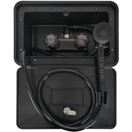 EXCELFU RV Exterior Shower Box Kit RV Outdoor Shower with Camper RV Outside Showers Faucet Valve + Coiled Hose + Sprayer Head + Lock, Replacement for Camper,Van,Travel Trailer,Motorhome and Boat,Black