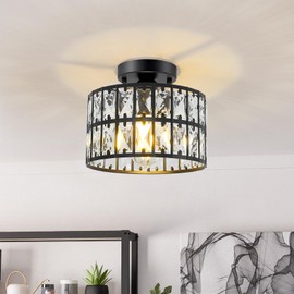 Modern Round Crystal Ceiling Light, 1-Light Flush Mount with Square Crystal Inserts & Black Metal Frame, 9 Inch, Elegant Lighting for Bathroom Hallway Entryway