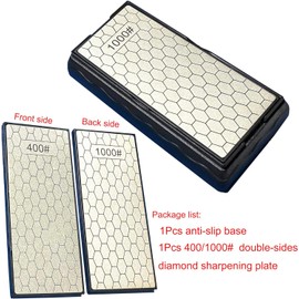 400#/1000# Coarse Fine Double Sided Diamond Sharpener Plate,Garden Tool Sharpener with A Non-Skid Base for Outdoor Kitchen Tools Sharpening