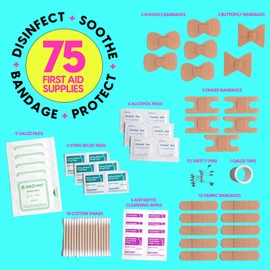 BLINGSTING First Aid Kit - 75 Essential First-aid Supplies, Bandages, Wipes, Gold Travel Case - Multipurpose Mini Emergency Kit for Women - Pink Interior - Compact & Versatile - TSA Approved (1 Count)