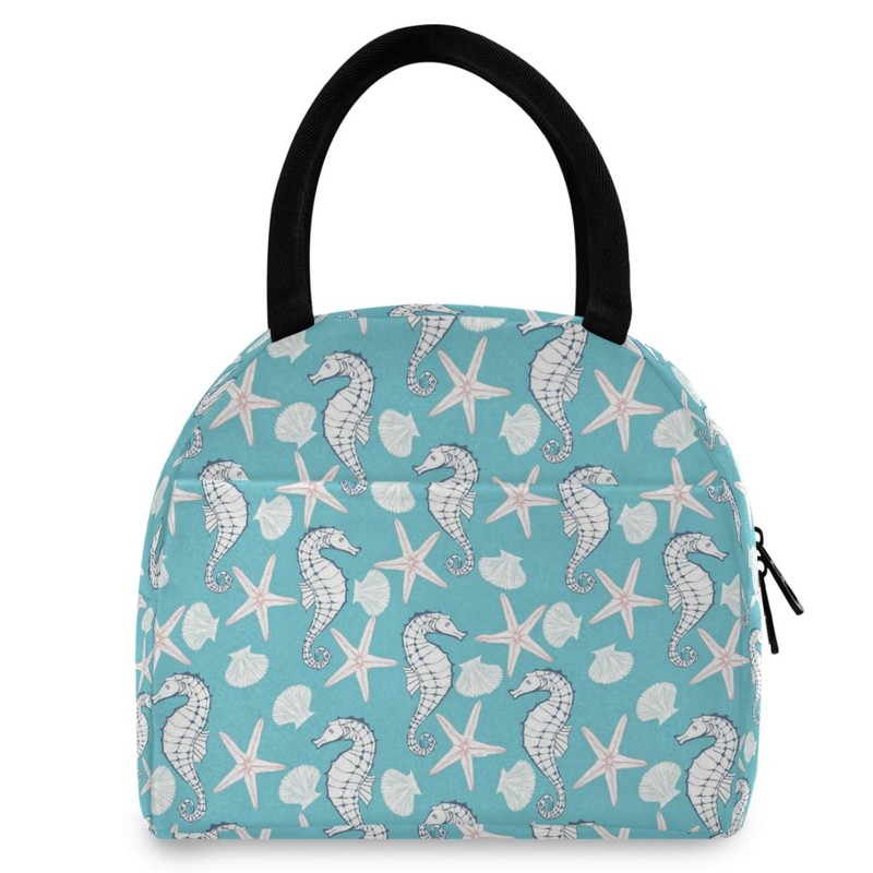 ZzWwR Ocean Starfish Seahorse Pattern Reusable Lunch Tote Bag with