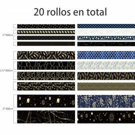 Washi Tape Set, 20 rollos de cinta adhesiva decorativa con estampado dorado para manualidades, diarios, agendas, álbumes de recortes, tarjetas y envoltorios (Style 3)