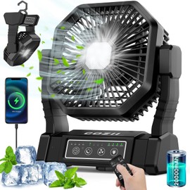 Battery Operated Fan, 20000mAh Rechargeable Camping Fan for Tent with LED Lantern - 3 Colors, 4 Speeds, 4 Timing, Adjustable Head with Hook, Portable Camping Gear for Table, BBQ, Beach, Hiking,Travel