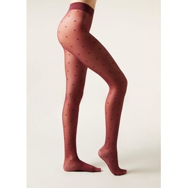 CALZEDONIA Woman's Sheer 30 Denier Mini Heart Tights in Red, Size M/L