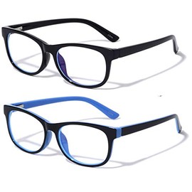 V.W.E. 2 Pairs Kids Blue Light Blocking Glasses, Anti Eyestrain Computer Boys Girls - Clear Lens (Age 3-10) Spring Hinge (1 Black 1 Blue)