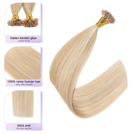 Sindra Keratin Real Hair Extensions, Caramel Blonde to Blonde Extensions, Real Hair Bondings, 35 cm, U-Tip Extensions, Real Hair, 40 g, 50 Strands, U27P613-14 Inches