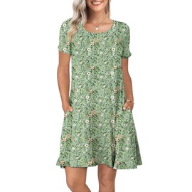 REGAI Womens Summer Dresses Casual Loose Tshirt Crew Neck Floral Short Sleeve Flowy Pockets Sundresses, Floral Green, 2XL