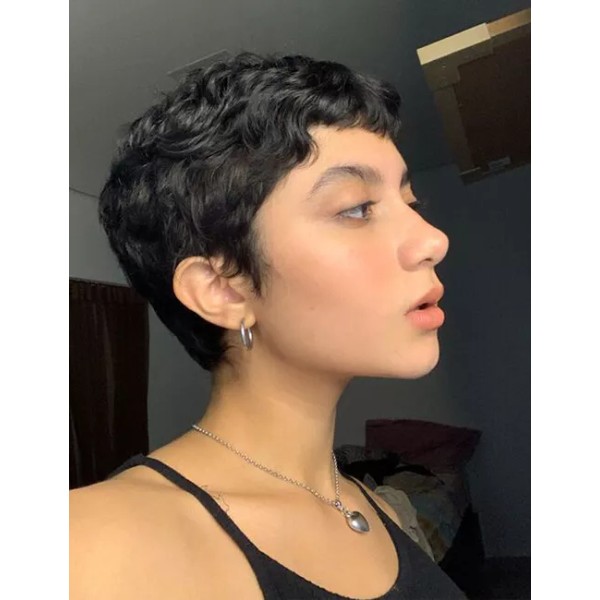 Short Black Pixie Cut Wigs Human Hair Wigs Wave Curly