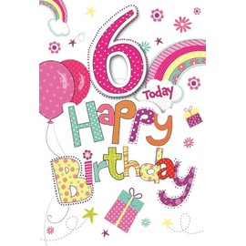 Age 6 Birthday Card - Multicoloured Writing Balloons, Rainbow & Gifts 7.75x5.25"