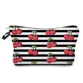Livel lhood Stripe Cherry Makeup Bag Cute Small Organizer Zipper Pouch Stripe Cherries Cosmetic Bag Birthday Present for Cherry Lovers Women Friends
