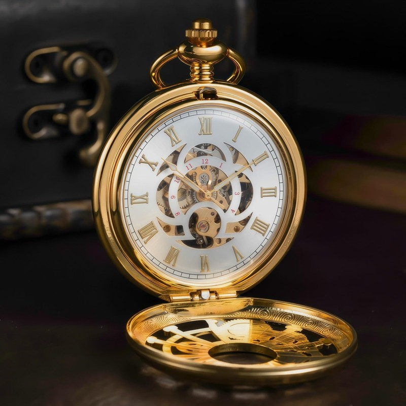 DerMacht Steampunk Gold Pocket Watch Skeleton Mechanical Gear Hand-Wind Roman