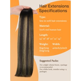 DOORES Sew in Hair Extensions Real Human Hair, Balayage Natural Black to Light Blonde 16 Inch 100g, Weft Extensions for Women, Natural Straight