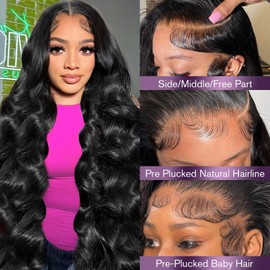 VNFM 26 Inch 13x6 Body Wave Lace Front Wigs Human Hair 180 Density HD Lace Frontal Wigs Human Hair Pre Plucked Human hair Wig for Women Natural Black