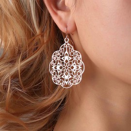 YienDoo Boho Large Filigree Hoop Drop Dangle Earrings Vintage Tribal Hollow Carved Earrings Rose Gold Gypsy Geometric Floral Statement Earrings Wedding Prom Earrings Jewelry for Women and Girls