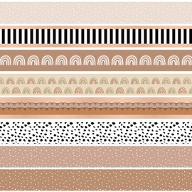 Fuutreo 64 Pcs 63ft Boho Bulletin Board Borders Classroom Decorations Colorful Rainbow Dot Stripe Trim Bulletin Borders for School Office Wall Poster Chalkboard Party Decor(Retro Brown Color)