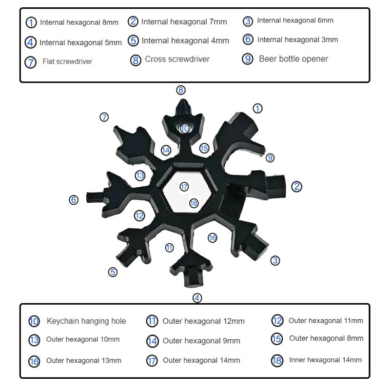 Snowflake Wrench, Wrench, 18 in 1 Black Snowflake Wrench, Stainless