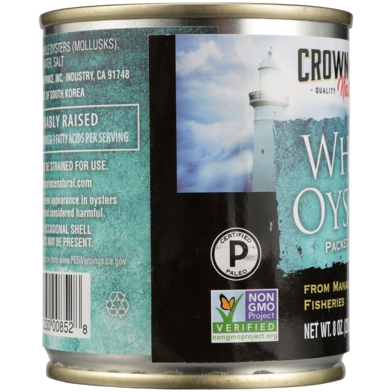 Crown Prince, Natural Whole Oysters Packed in Water, 8 oz