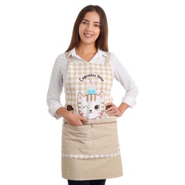 AMBORELLA Mandil de Cocina para Mujer, Algodón 100%, Repelente a Líquidos, Cintas Ajustables y Doble Bolsa con Cierre, Diseño Gatito y Cupcakes