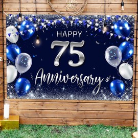 Happy 75th Anniversary Backdrop Banner Decor Navy Blue – Silver Glitter Happy 75 Years Wedding Anniversary Party Theme Decorations for Women Men Supplies