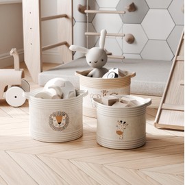 RGI Home Decorative Storage Baskets with Safari Animal Prints – Set of 3 Round Fabric Rope and Linen Organizer Bins for Nursery or Playroom, Multi-Sized with Easy-Carry Handles, Ivory, Tan, and Linen