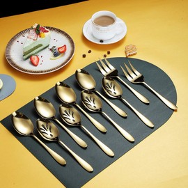 HOMQUEN Gold 10-Piece Serveware Cutlery Set, Stainless Steel Serving Utensil Set with Slotted Serving Spoon, Serving Spoon, Serving Fork