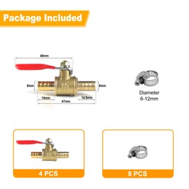 4 pieces 8 mm 2-way shut-off ball valve with 8 clamps, straight hose nozzle, 8 mm hose nozzle switch, brass ball valve, pipe fittings, 180 degree operating handle, brass valve (8 mm)