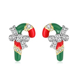 Candy Cane Christmas Stud Earrings - Qings 925 Sterling Silver Cute Small Bow Cubic Zirconia Red Green Enamel Xmas Earrings Jewelry Gifts for Women Girls Daughters