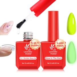 Lavender Violets 15ml 5in1 Builder Base Coat and Glow in the Dark Top Coat 2pcs Set for Enhance Builder Rhinestone Glue Luminous Finish Effect Nail Art Manicure Gift A103+A104
