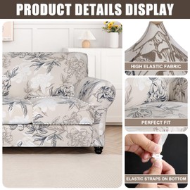SearchI Stretch Sofa Cover Printed Couch Cover, Floral Pattern 4 Pieces Sofa Slipcover with 3 Separate Cushion Cover, Washable Furniture Protector for Living Room(Armchair, Flower Shadow)