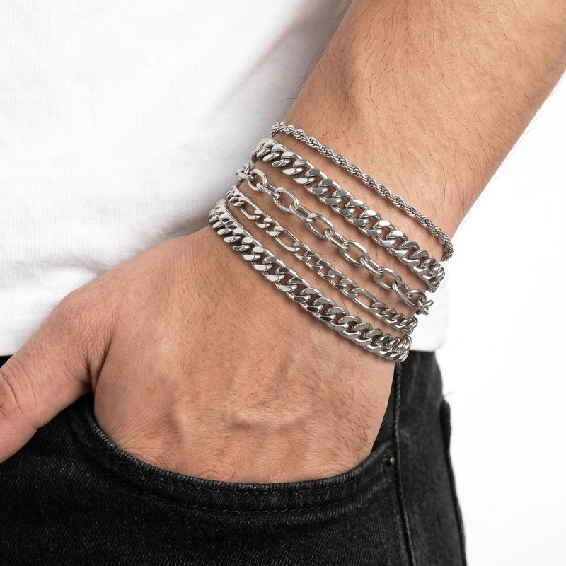 6Pcs Stainless Steel Bracelets for Women Silver Chain Bracelet Set