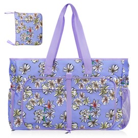 Fammio Multifunctional Women's Shopping Beach Bag, Large, Waterproof, with Zipper, Travel Bag, Purple flowers, Practical