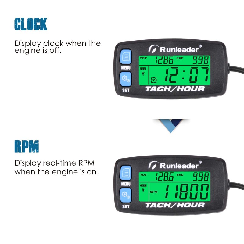 Runleader Hour Meter Tachometer,Maintenance Reminder,Alert RPM,Backlit Display,Initial Hours Setting,Battery Replaceable,Use