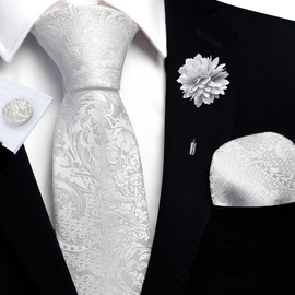 GUSLESON White Tie Set for Men Silk Paisley Necktie Pocket Square Cufflinks and Lapel Pin Brooch Set for Wedding (6114-07)