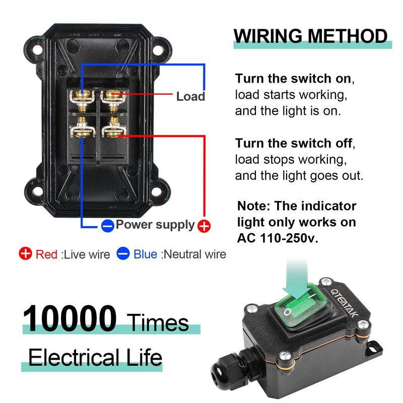 QTEATAK Inline Cord Switch DPST 4Pins AC/DC 20A-125V,16A-250V,30A-24V,35A-12V, IP66 Waterproof