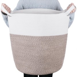 Cotton Rope Basket 14.5"x12"x21" Woven Baby Laundry Hamper with Handle - Blanket & Toy Storage Basket for Comforter, Cushions, Nursery, Living Room | White & Brown