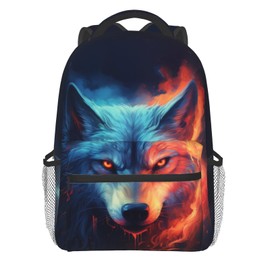 Giwawa Wolf Backpack for School, Blue Red Fire Wolf Animal Lightweight Sports Bookbags Shoulder Pack Laptop Casual Daypack Travel Bag for Women Men Boys Girls Teens Students