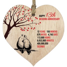 13th Wedding Anniversary Wooden Heart Plaque, Light Wood Sign Keepsake, Celebrate Lace Anniversary Wife Husband Boyfriend Girlfriend Mom Dad, Plaque with Quotes Gifts from the Kids